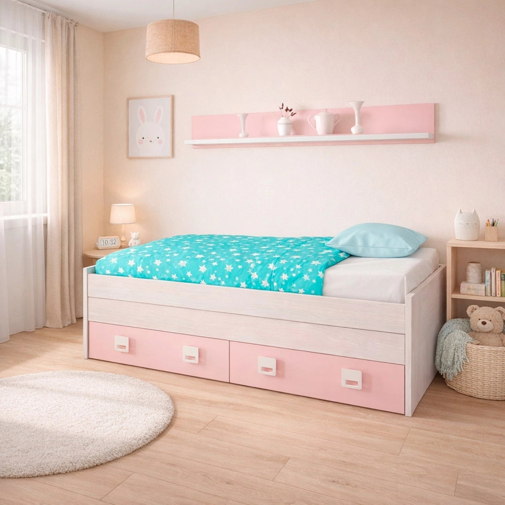 Letto Per Cameretta Con Letto Estraibile Due Cassetti E Mensola Contenitore Salvaspazio Per Bambini E Ragazzi Stile Moderno 65 x 199 x 96 Cm Bianco Alpi E Rosa