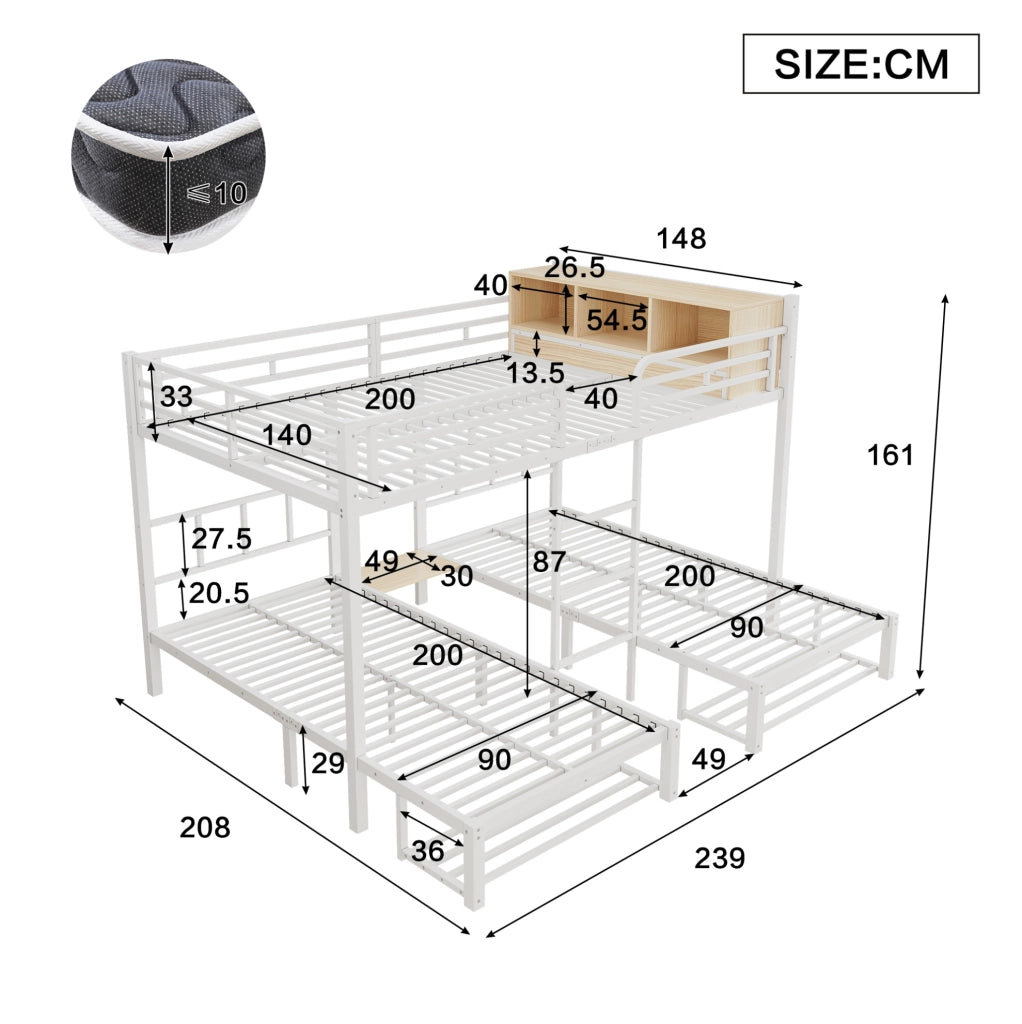 Letto a castello in metallo con 3 posti letto; 140x200 e 2x90x200 cm; bianco e naturale