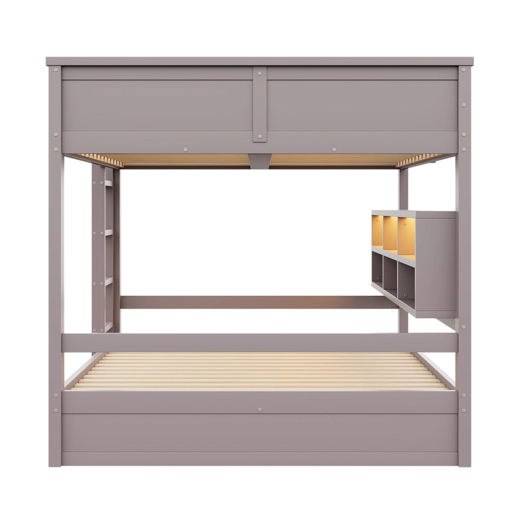 Letto a castello 160x200 cm in pino e MDF con 6 vani contenitori e luce LED; marrone