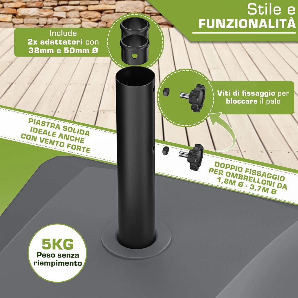 tillvex® Base per ombrellone GRAVIA e Ruote e Freni | Zavorra ombrellone riempibile 37L/56kg | Piedistallo per ombrelloni Giardino e Mercato Ø1,8-3,7m | Resistente a intemperie e UV (Antracite)