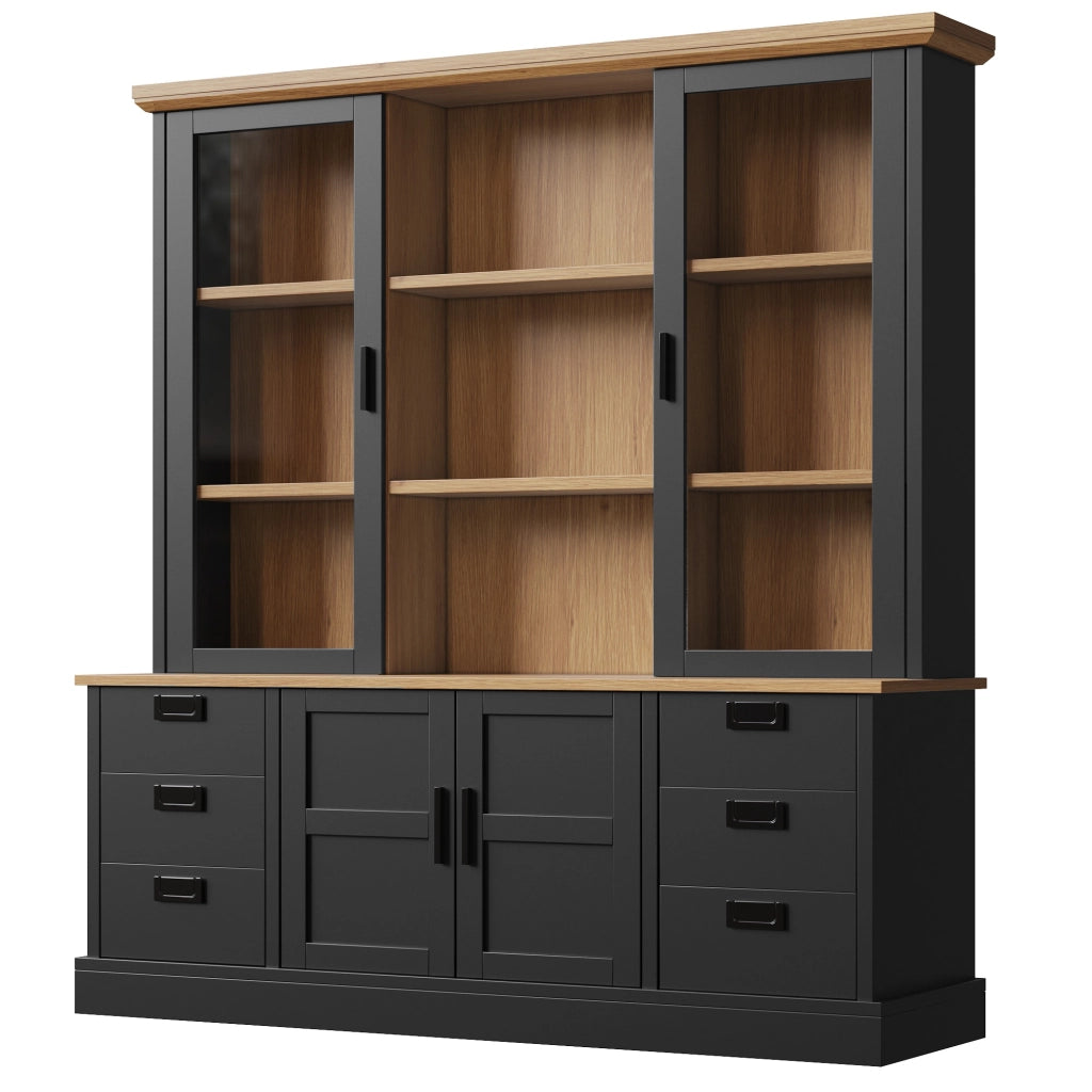 Dispensa alta con 6 cassetti e ante in vetro MDF nero con piano effetto legno per cucina 140 × 40 × 185 cm