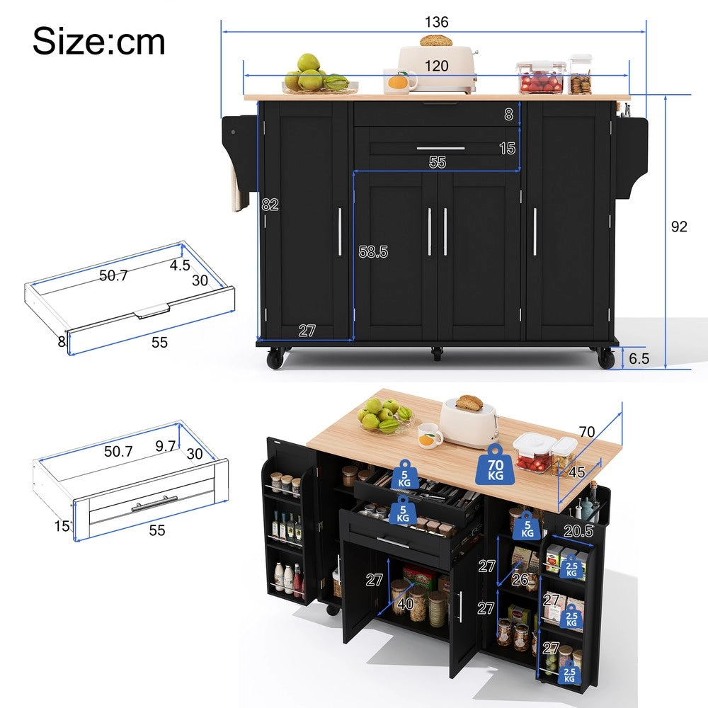 Isola Cucina con Piano Allungabile e Cassetto ¨C Xylo ¨C 120x45 cm, Legno