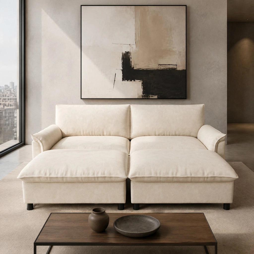Divano modulare con seduta profonda e 2 poggiapiedi mobili, schienale alto, in chenille beige 216 × 77 × 82 cm