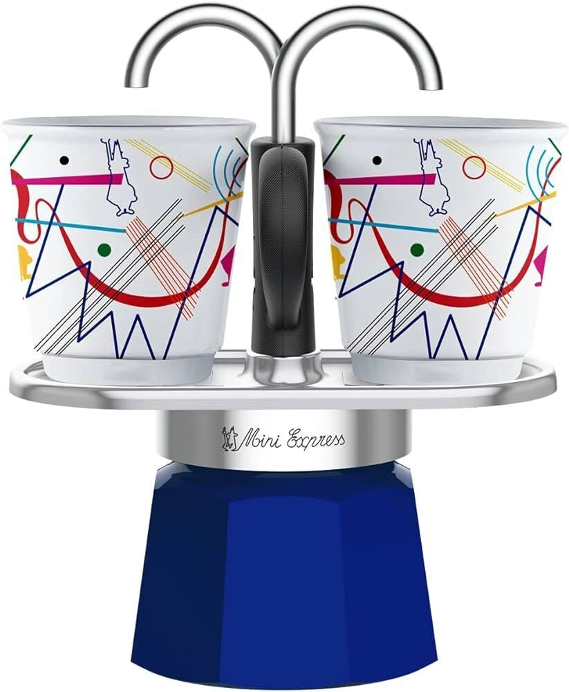 Bialetti 1407 Mini Express Moka 2 Tazze con Bicchierini in Porcellana stile Kandinsky colore Blu