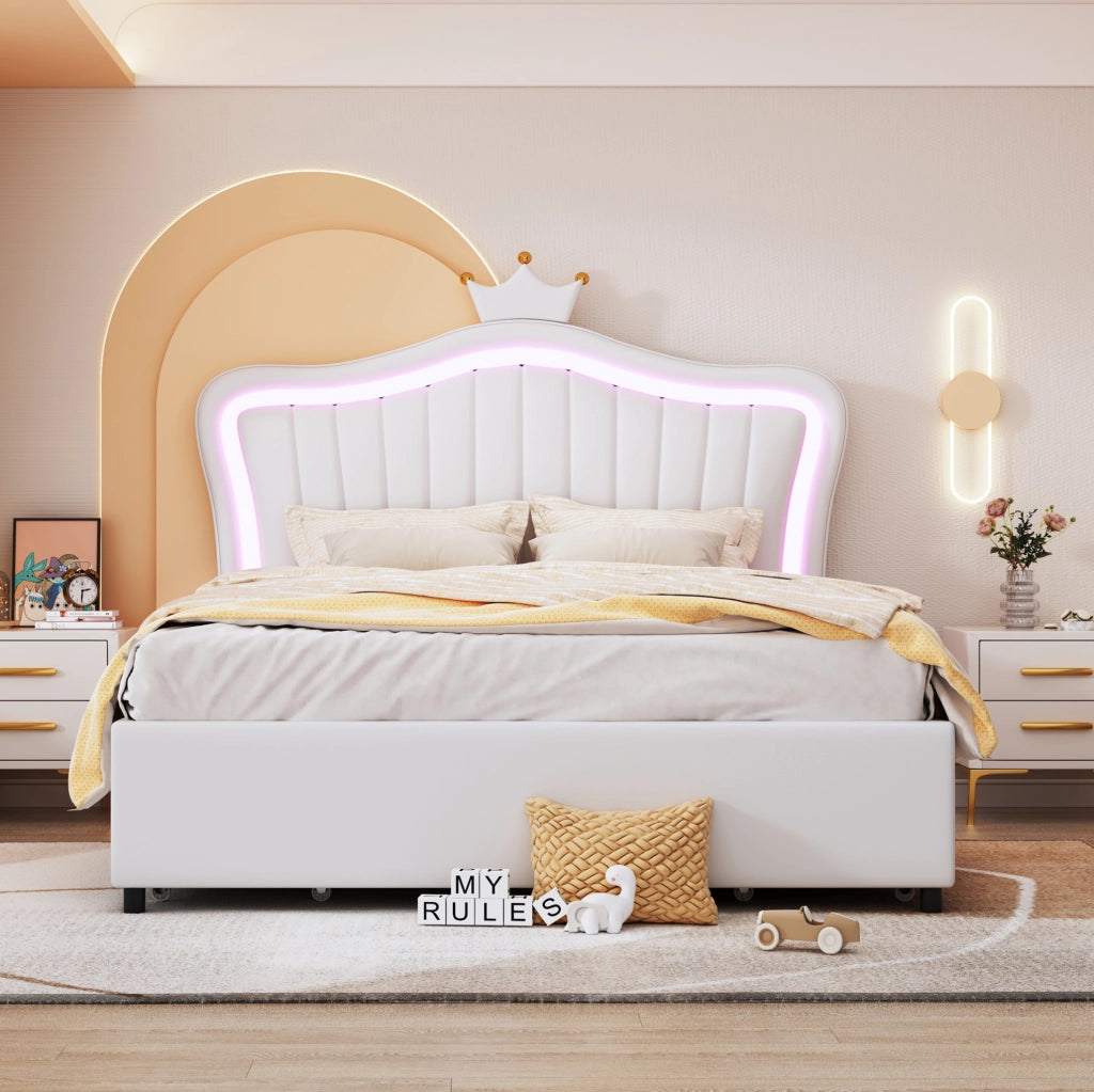 Letto per bambini imbottito 140x200 cm con contenitore; LED e testiera a conchiglia; bianco