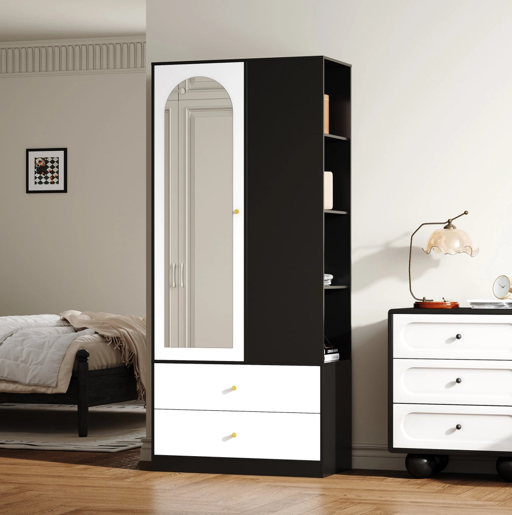 Armadio moderno con specchio, cassetti e ripiani, Bianco e nero, 180 x 80 x 40 cm