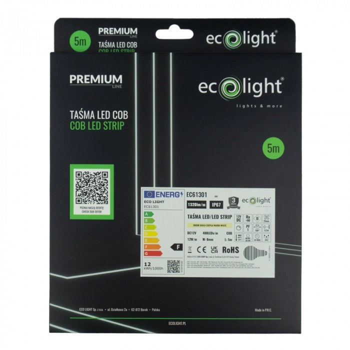 Striscia LED COB 12V 12W/m 1320lm/m 3000K IP67 5m Ecolight