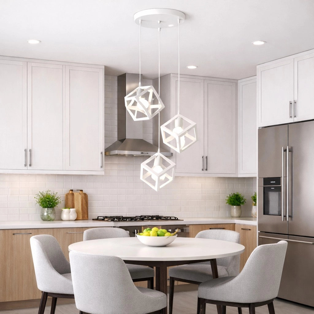 Lampadario Bianco Moderno a Sospensione 3 Cubi Geometrici Design Minimal Attacco E27 Lampada Soffitto Regolabile per Cucina Soggiorno Sala da Pranzo