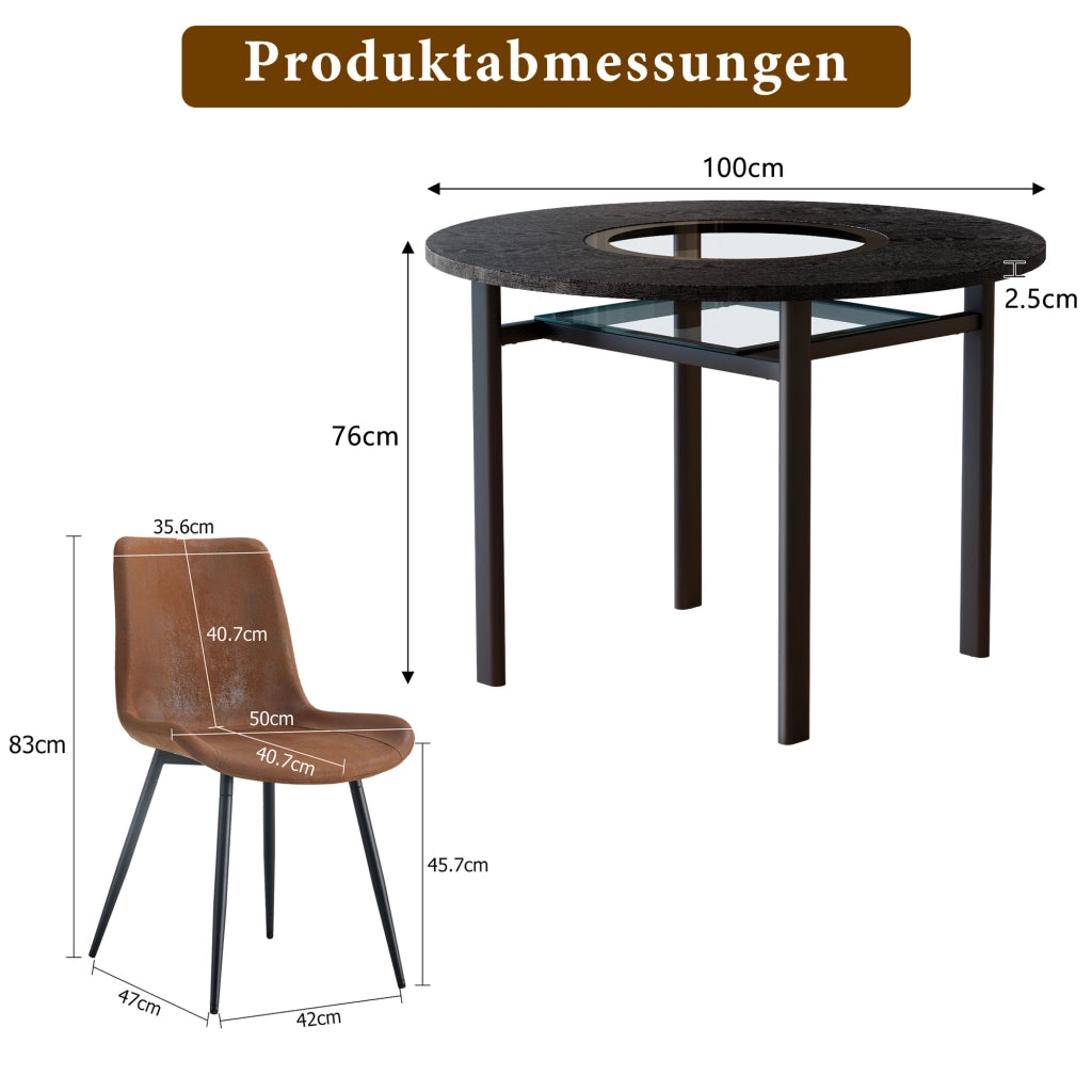 Tavolo da pranzo rotondo con 4 sedie, piano in MDF e vetro, per soggiorno e cucina, 100 cm, marrone e nero