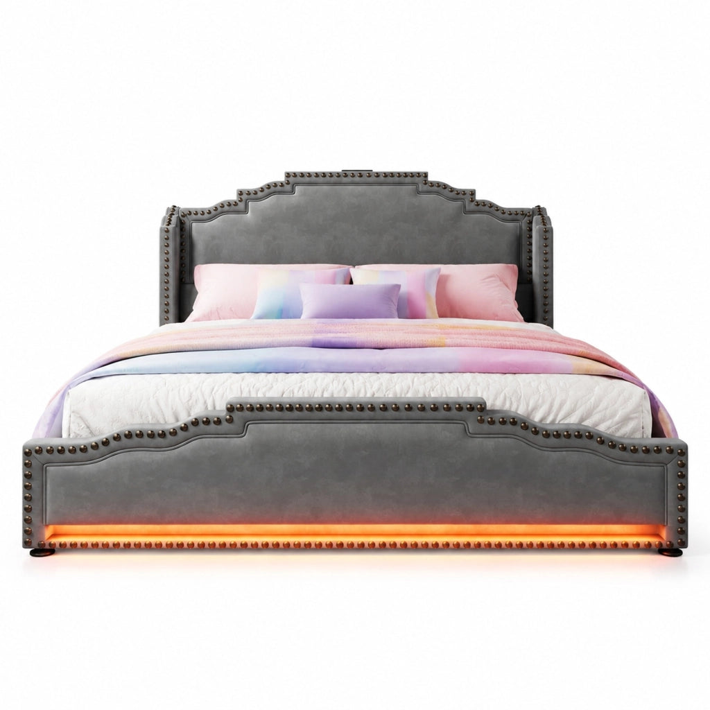 Letto matrimoniale con LED, USB-C e 4 cassetti