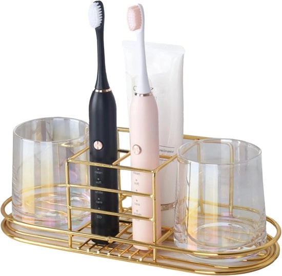 Oggetto multifunzionale per tenere il rasoio e il dentifricio, adesivo senza foratura, installabile senza martellate, per bagno, finitura oro.