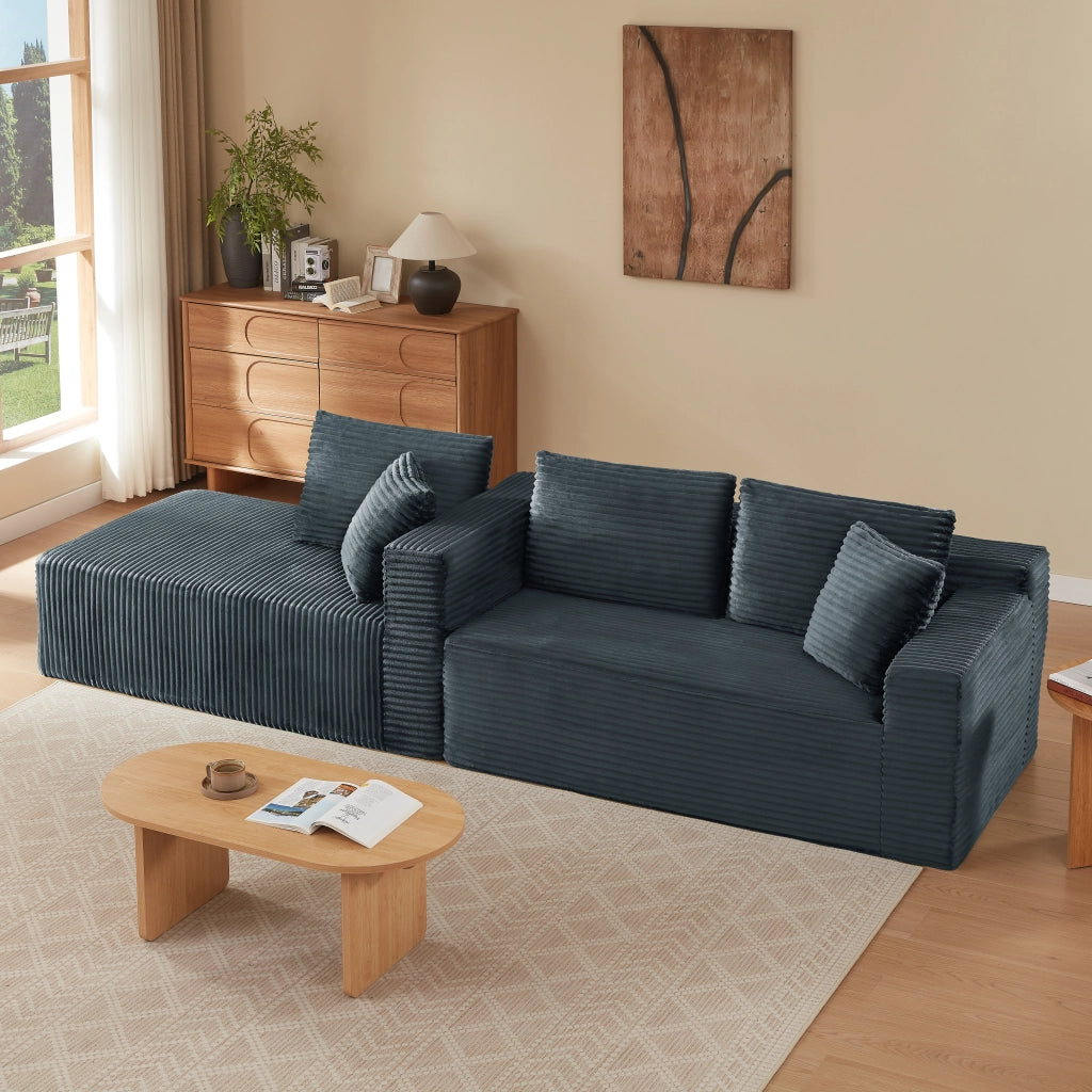 Divano modulare a L con 4 configurazioni in tessuto traspirante e cuscini collo grigio scuro 252,5 × 163 × 65 cm