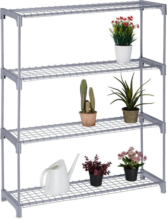 Scaffale per piante per interni - 4 livelli - Dims: 106x91x28 cm - Grigio - Adatto per vasi di fiori - Metallo e plastica