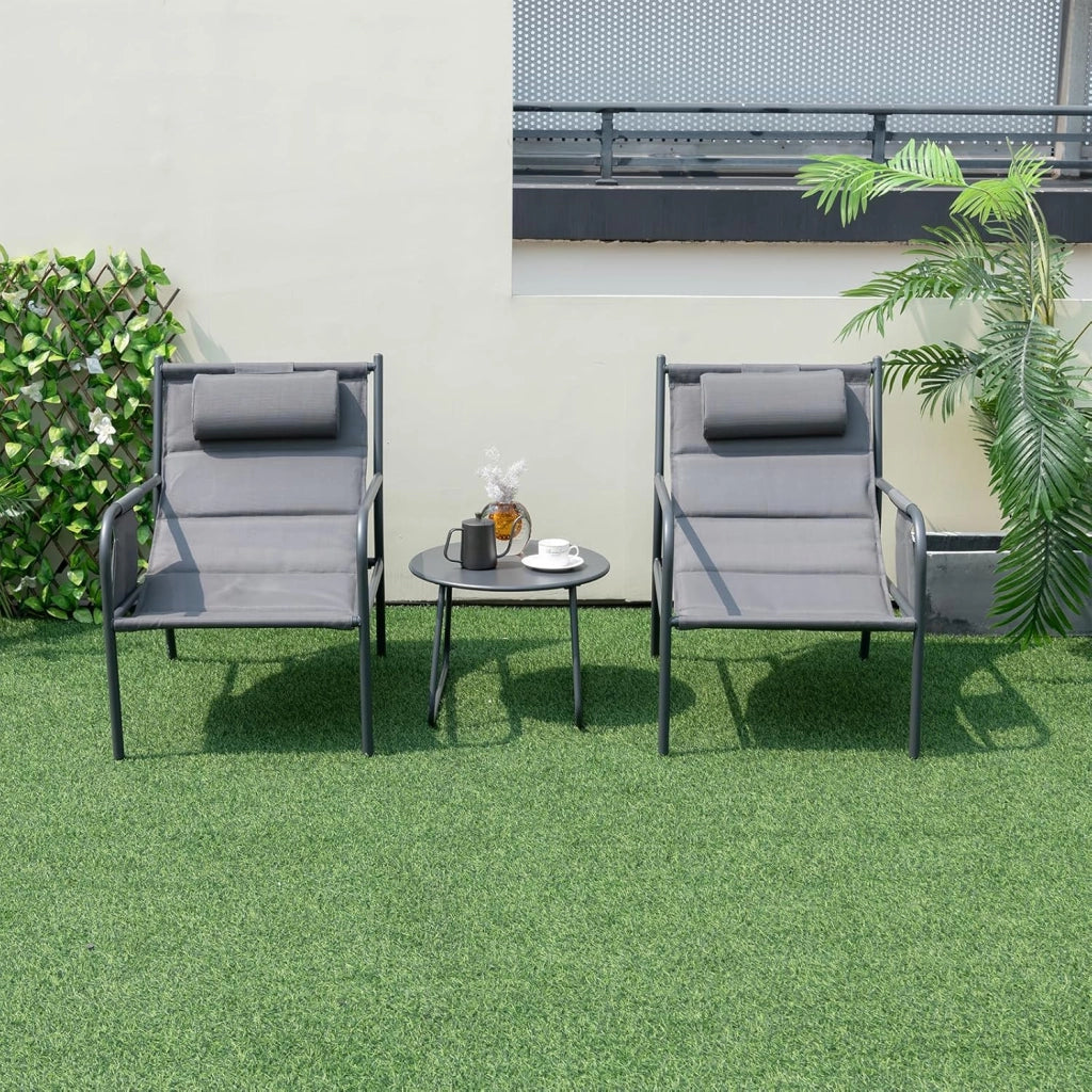 Set da Bistrot da Giardino 3 Pezzi, Set di Sedie da Esterno con Seduta e Poggiatesta Imbottiti, Tavolino da Caffè Rotondo con Piano in Metallo, Tasche Portaoggetti Laterali