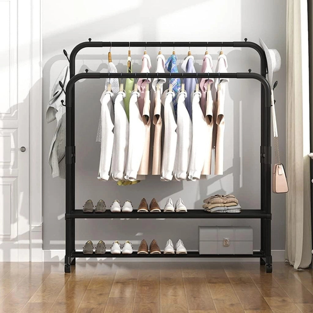Trade Shop - Stand Appendiabiti Attaccapanni Abiti Stender Barra Doppio Con Ruote Freno Nero -