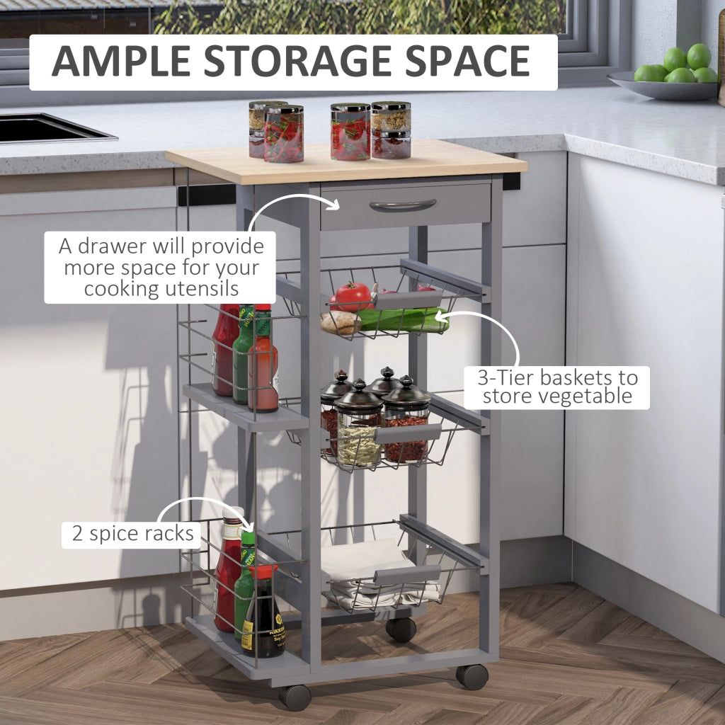 EasyComfort Carrello da Cucina con Cassetti Estraibili e 2 Portabottiglie, in Legno di Pino e Metallo, 47x37x83 cm