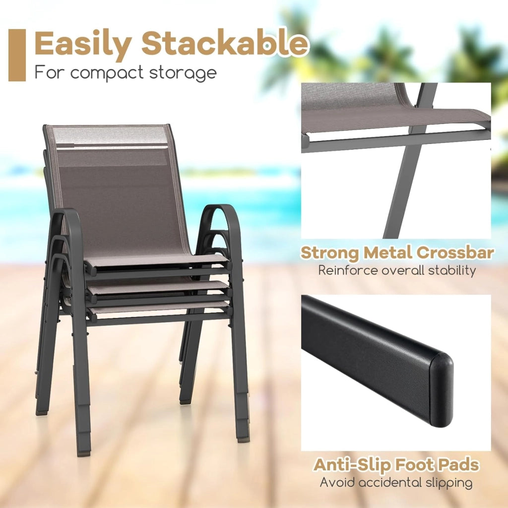 Set di 2/4 Sedie da Giardino, Sedie Impilabili da Esterno in Tessuto con Telaio in Metallo, Poltrona da Balcone con Braccioli e Schienale Alto, per Sala da Pranzo, Carico 150 kg (Grigio*4)