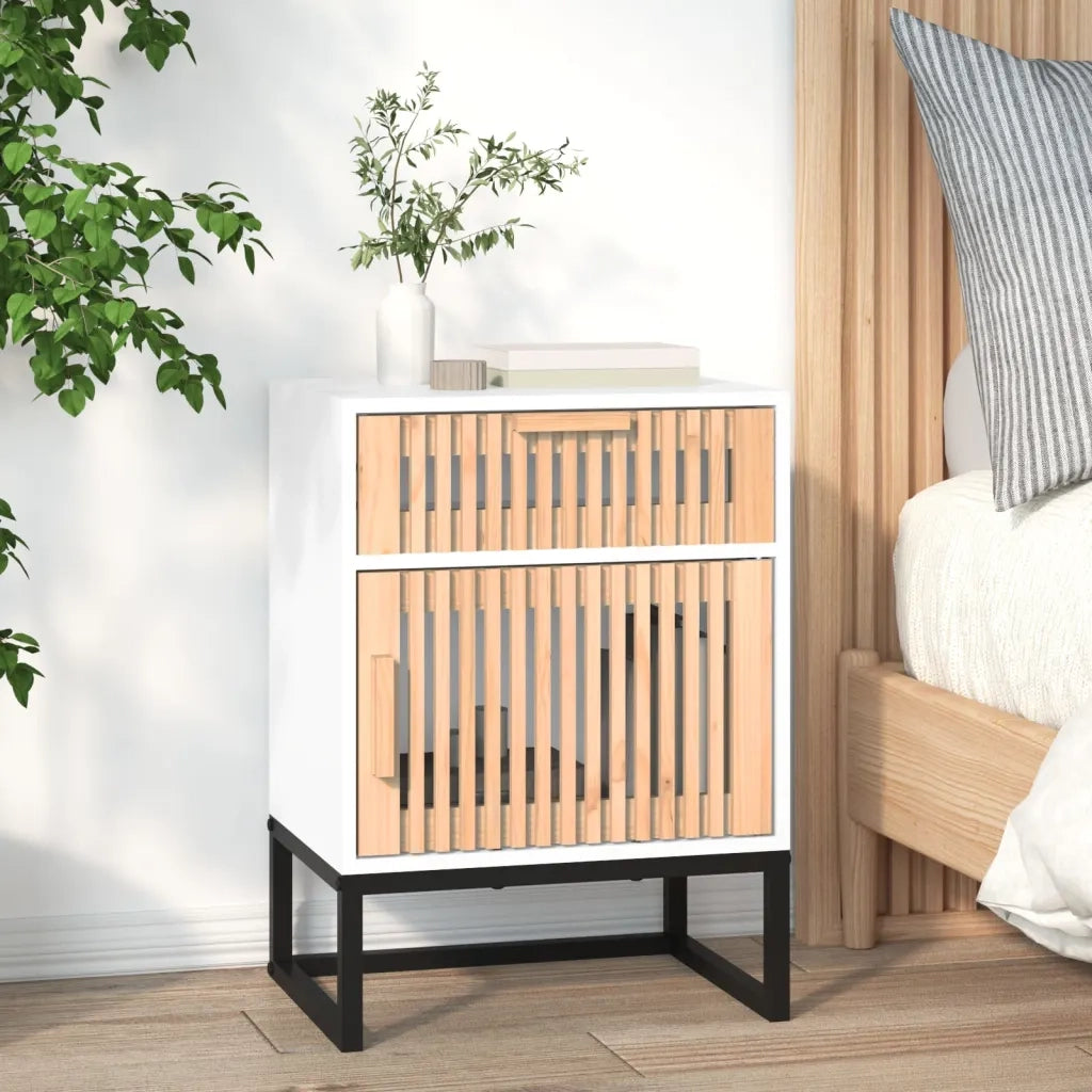 Comodino-Tavolino da notte Bianco 40x30x55,5 cm Legno Multistrato e Ferro