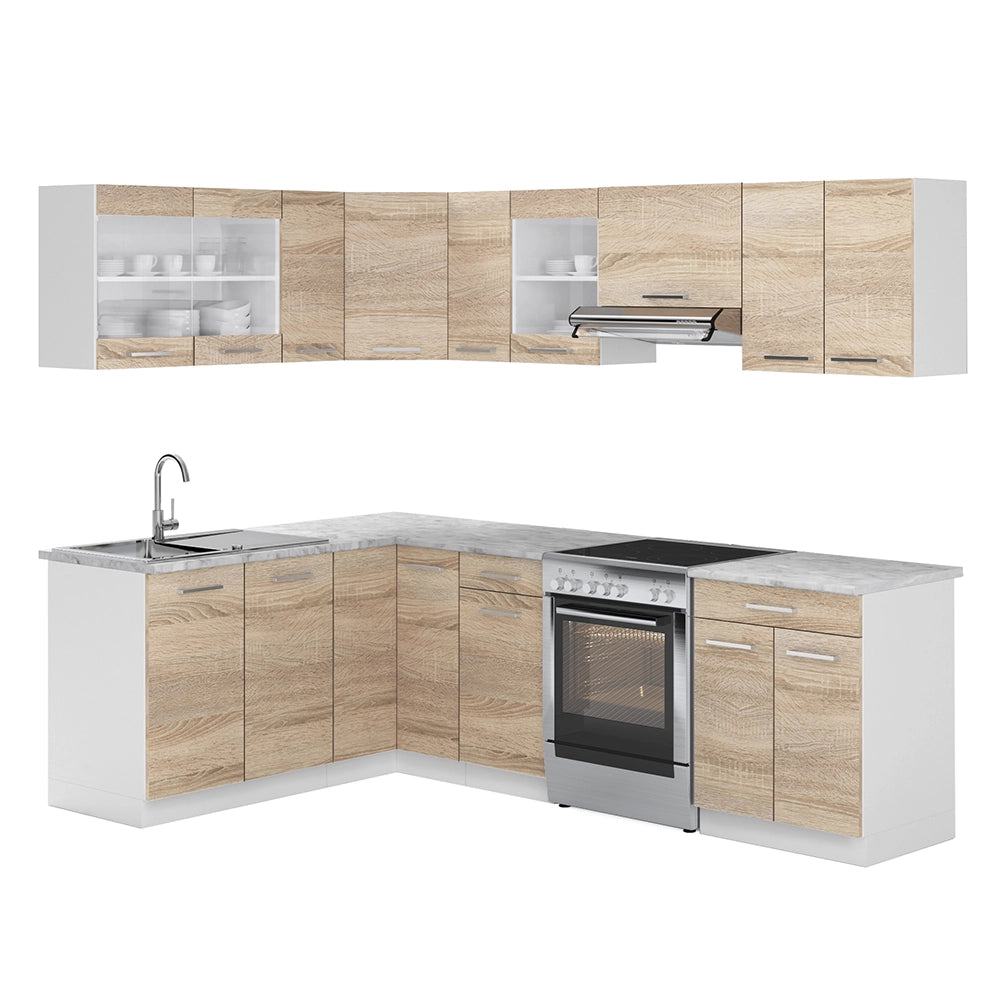 Vicco Cucina ad angolo Bianco/Sonoma 247 x 167 cm , PL Marmo con striscia LED
