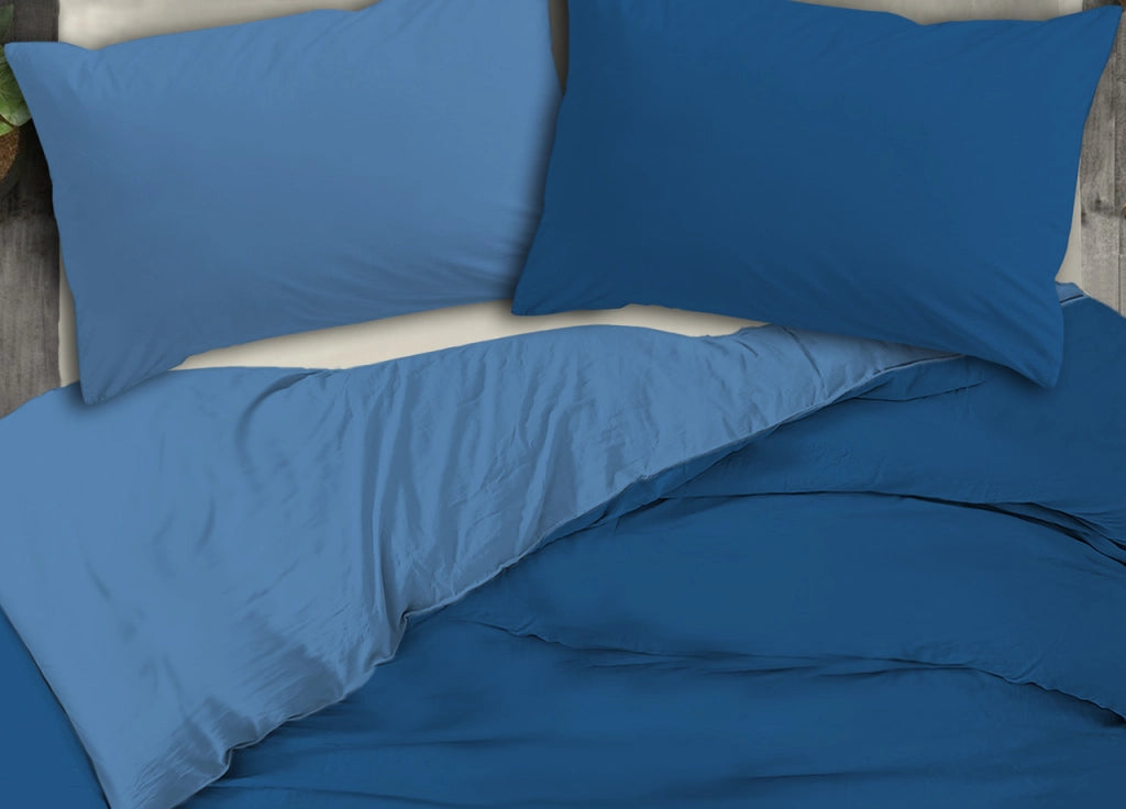 Copripiumino No Stiro Tinta Unita Bicolor Microfibra Effetto Manopesca Francesca - Singolo - Blu-Azzurro