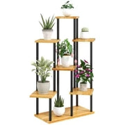 Supporto per Piante a 7 Livelli per Interno ed Esterno, Scaffale Piante in Acciaio e Legno, Legno Naturale
