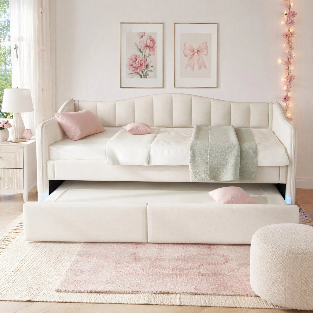 LETTO 90x200 cm con letto estraibile in lino beige senza materasso