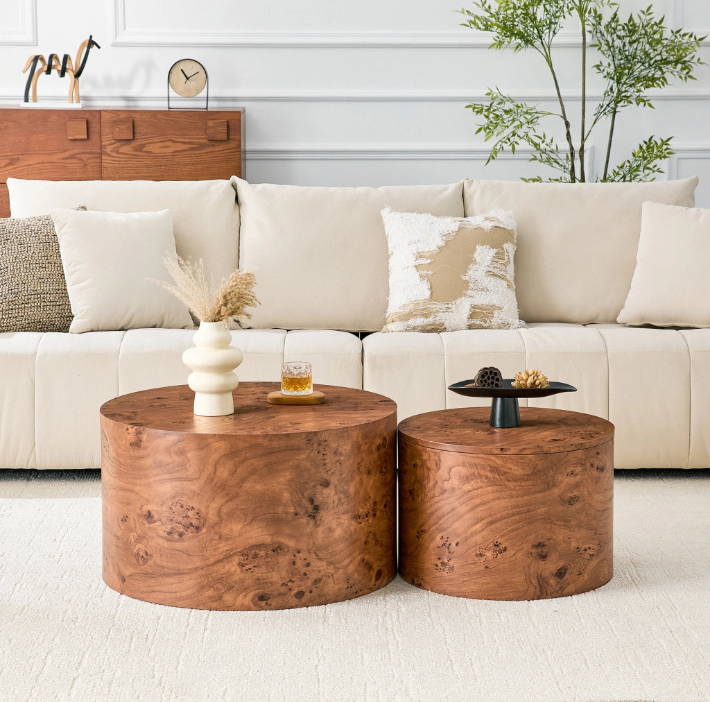 Set di 2 tavolini da caffè; con vano interno e coperchio rimovibile; in MDF effetto legno marrone
