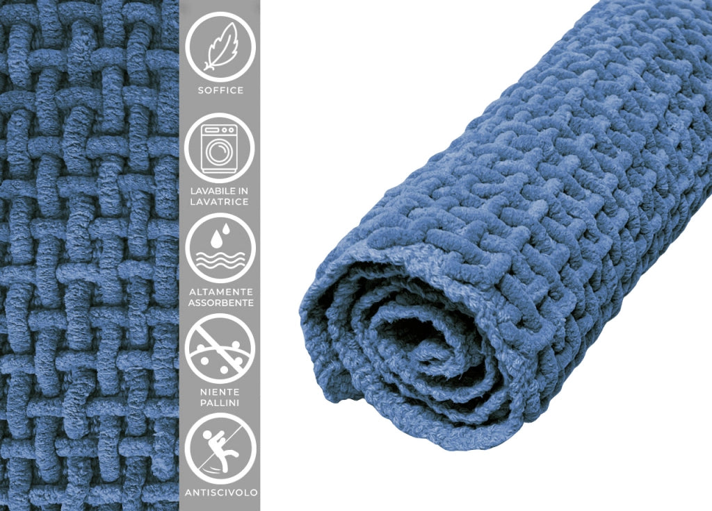 Tappeto Bagno Doccia Antiscivolo In Microfibra Super Assorbente Osaka - Parure 3 Pezzi - Azzurro