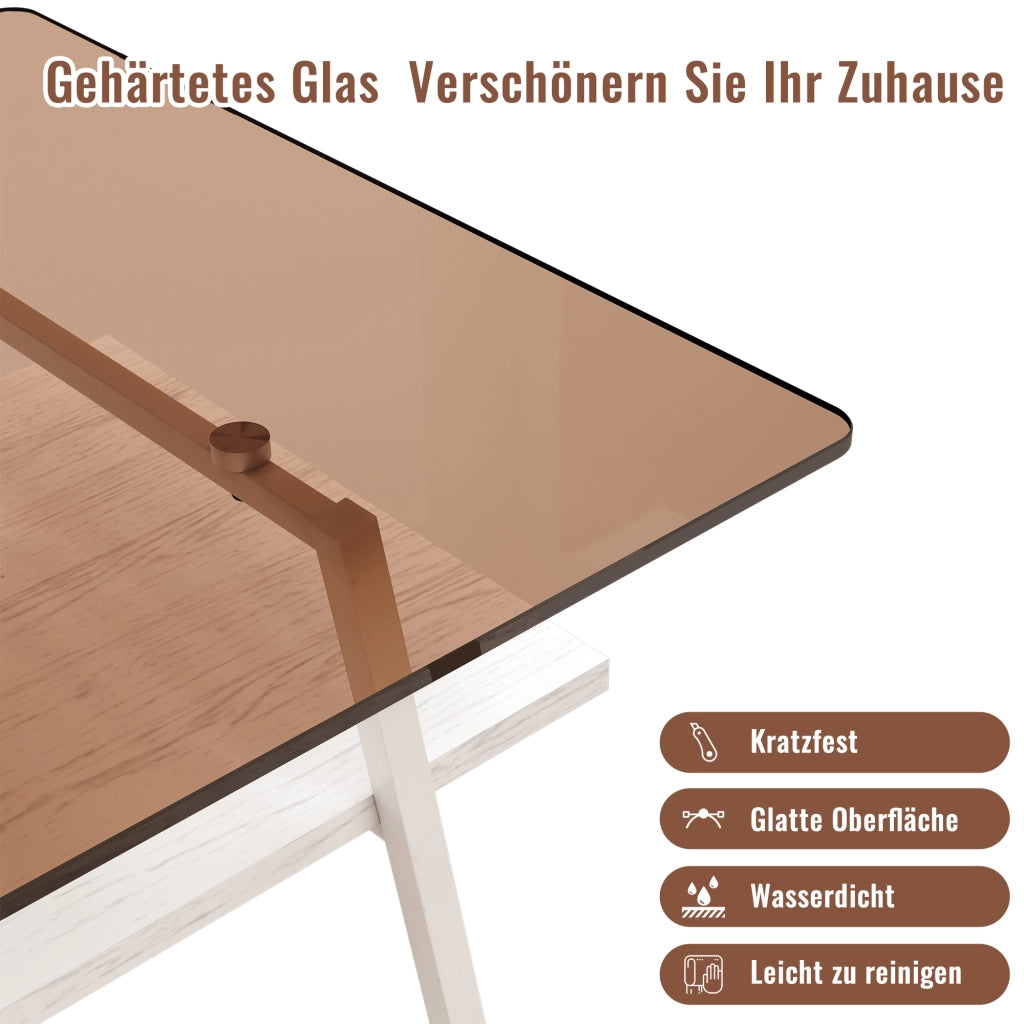 Tavolino basso rettangolare in vetro temperato con gambe in metallo bianco e base in MDF, per soggiorno, 98 × 58 × 42,5 cm