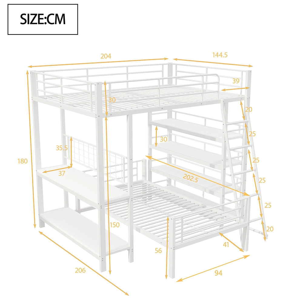 Letto mezzanino metallico 140x200cm - Xylo - bianco, ripiani integrati