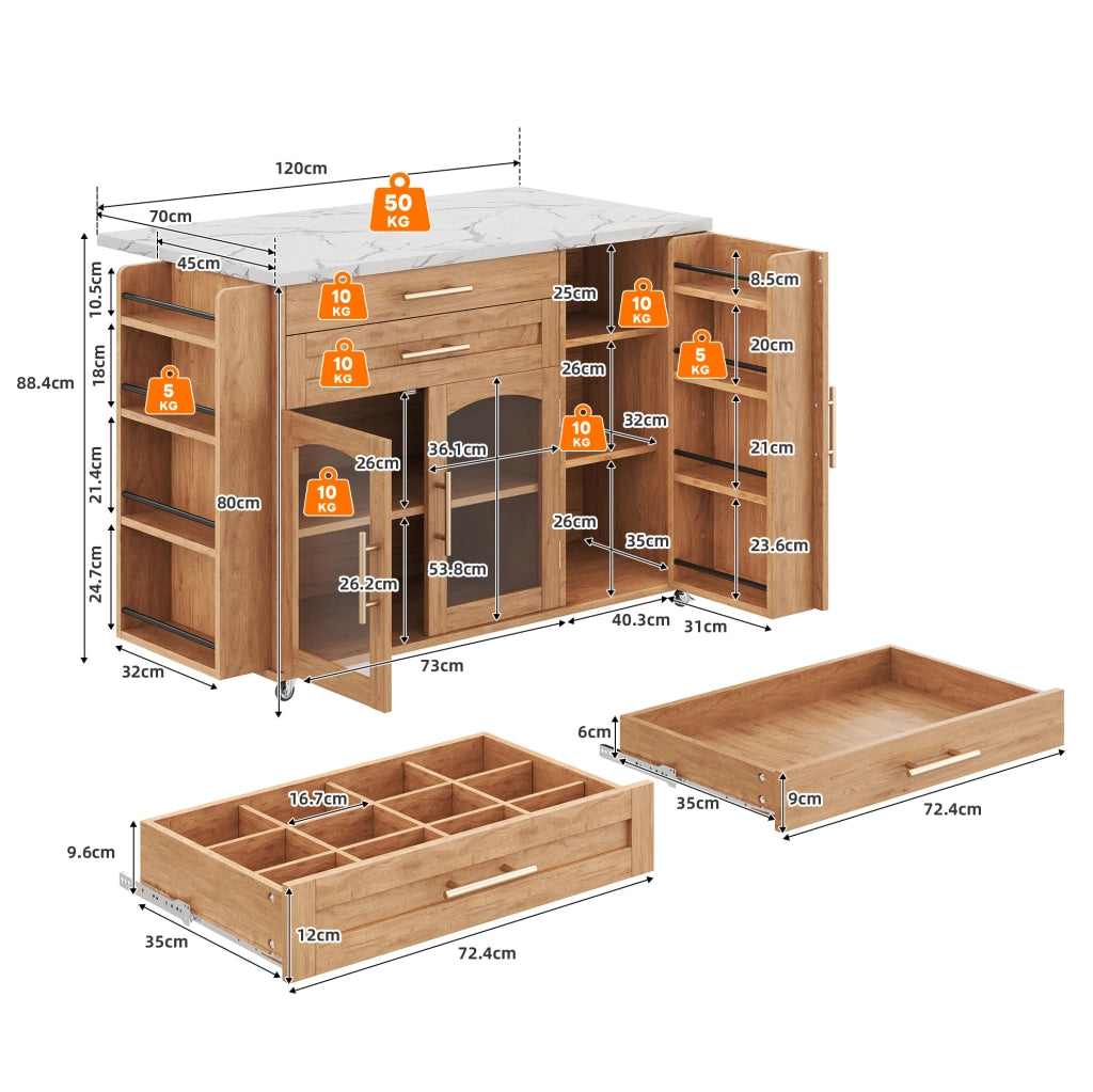 Isola cucina mobile con piano ribaltabile e ruote