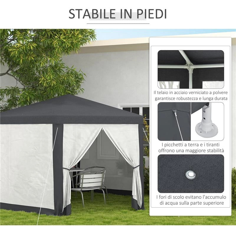GAZEBO DA GIARDINO ESAGONALE CON DOPPIO INGRESSO, IN METALLO E POLIESTERE, 3.94X3.94X2.5 M, GRIGIO