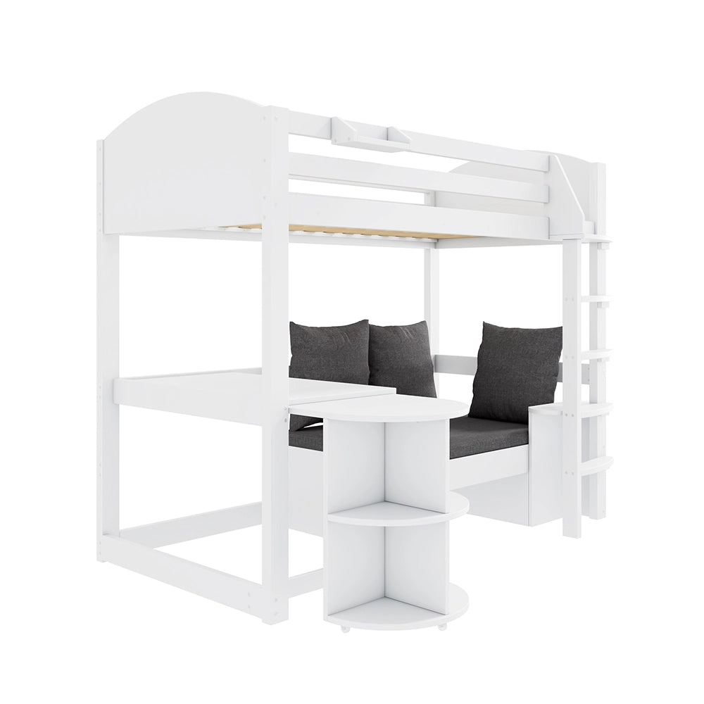 Letto a soppalco 90x200 cm - Xylo - Scala, tavolo estensibile, divano, tre cuscini, scaffali di stoccaggio, bianco