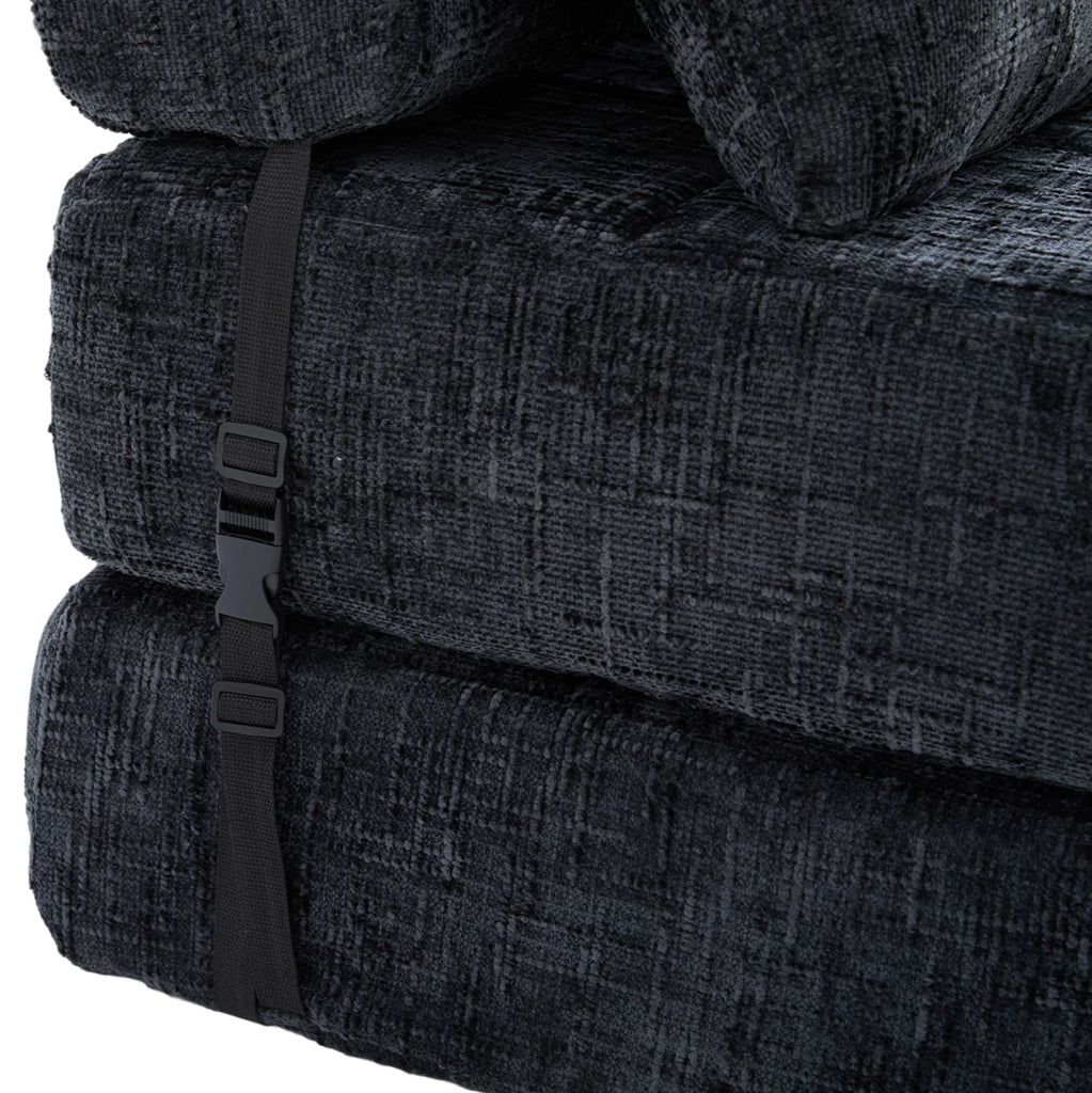 Divano letto pieghevole ULEVR 79x79x57 cm con cuscini per testa e zona lombare, ciniglia nera