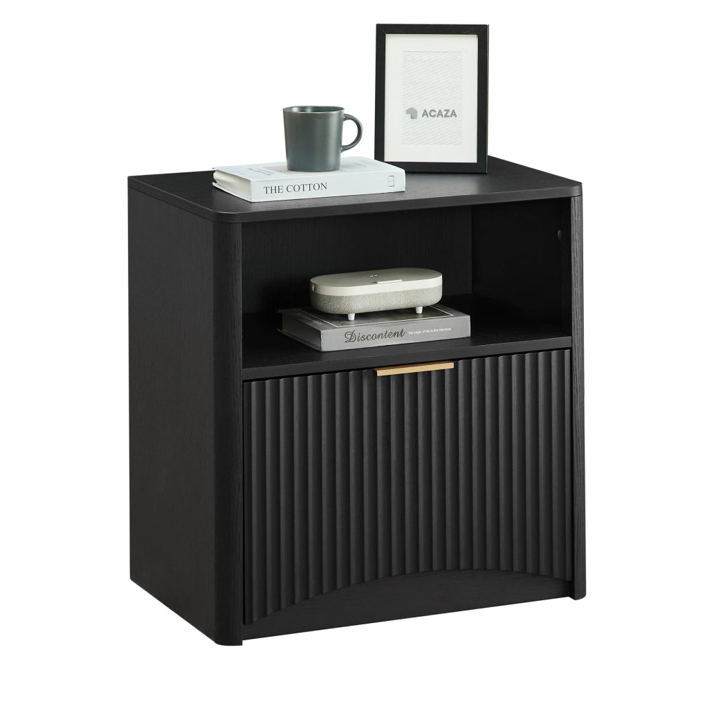 Comodino nero scanalato con cassetto e vano portaoggetti