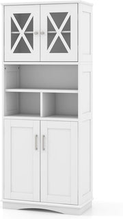 Armadietto da Bagno Slim con 4 Ante, Ripiano Regolabile e 3 Scomparti Aperti, Mobile Alto per Bagno e Soggiorno, Moderno，2 Colori