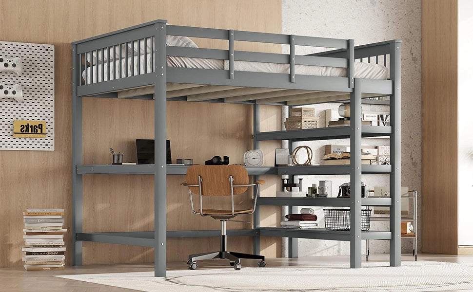 DESMIU Letto a Soppalco per Bambini 2 Posti con Scrivania e Scaffali 140 × 200 cm, Senza Materasso, in Pino, Grigio