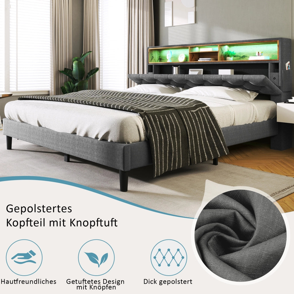 LETTO imbottito 140x200 cm Grigio con testiera contenitore e LED