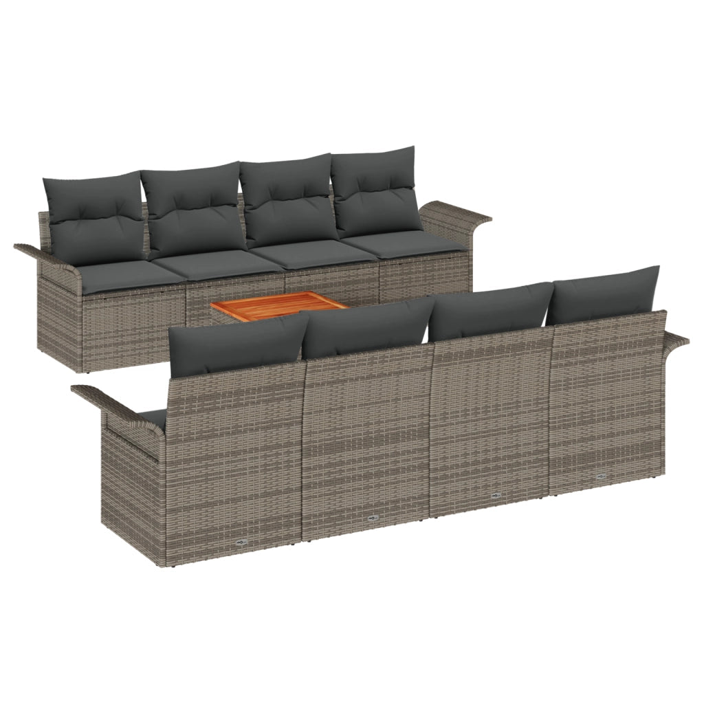 Set Divano da Giardino di 9 Pezzi con Cuscini Grigio Polyrattan Acacia
