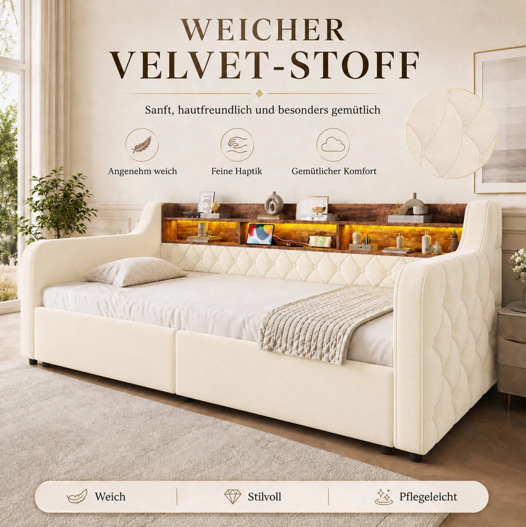 Letto imbottito beige 90x190 cm con LED, ricarica e cassetti