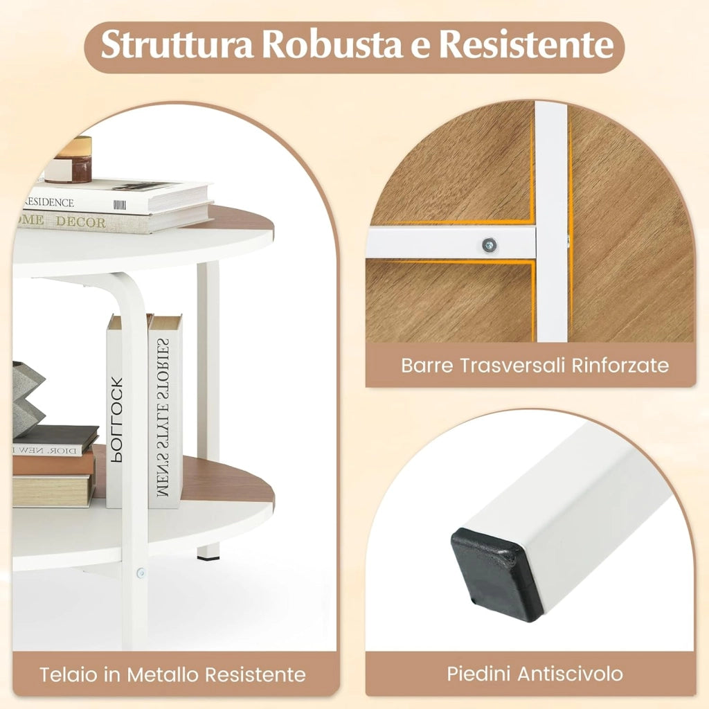 Tavolino da Caffè Rotondo, Tavolino da Salotto a 2 Piani con Struttura in Metallo e Gambe Rialzate, Tavolo da Divano Basso Moderno per Soggiorno e Ufficio, 80 x 80 x 42 cm, Bianco e Naturale