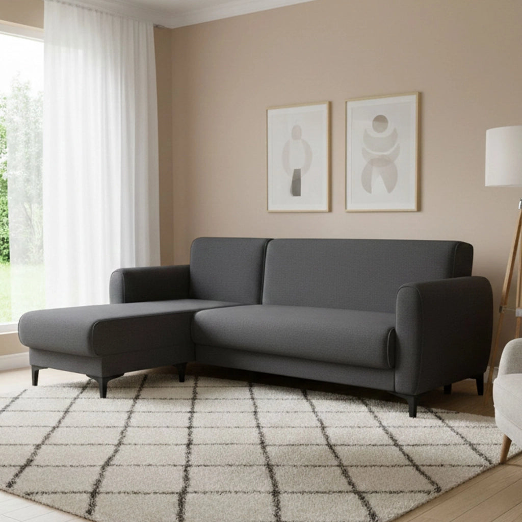 Divano letto Aber, Divano letto ad angolo con penisola reversibile, SofÒ  contenitore moderno con chaiselongue e 3 cuscini, Cm 230x153h85, Blu
