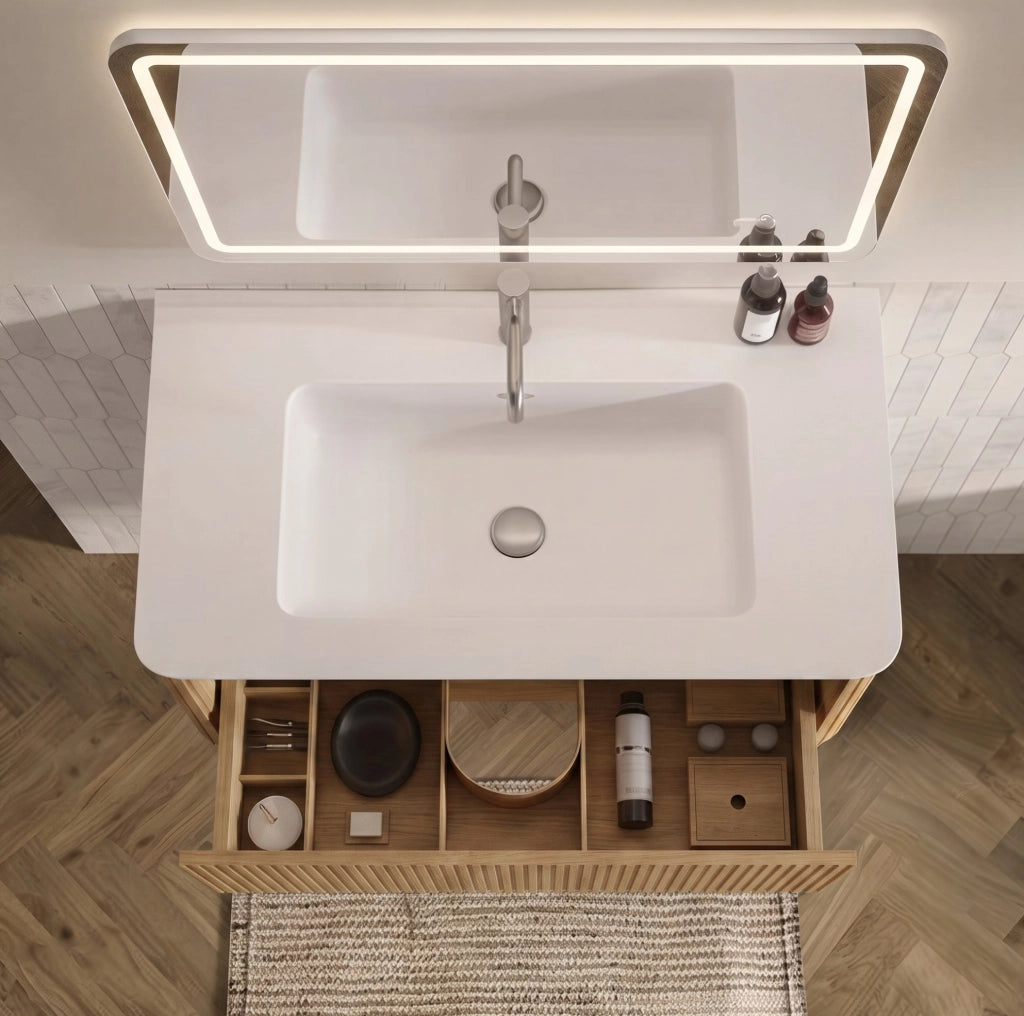 Set mobili bagno rovere in MDF; lavabo e specchio LED con luce regolabile