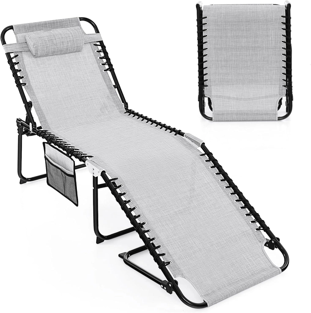 Lettino Prendisole Pieghevole con Schienale e Poggiatesta Regolabili, Sedia a Sdraio Versatile con Tasca Laterale, Ideale per Giardino, Campeggio, Spiaggia e Viaggi