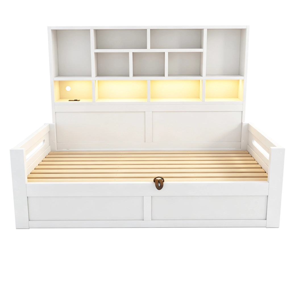 Letto contenitore 90x200 cm con sollevamento idraulico; LED; USB e ripiani portaoggetti; MDF bianco