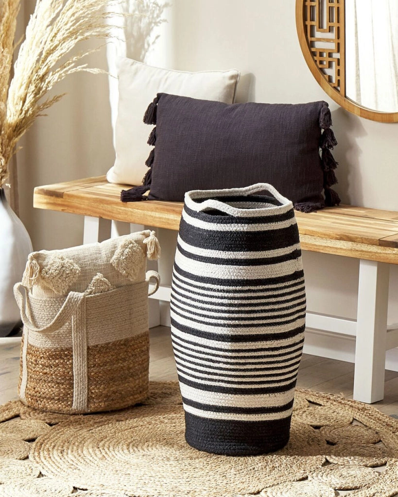 Cesto portabiancheria in cotone intrecciato bianco e nero con manici