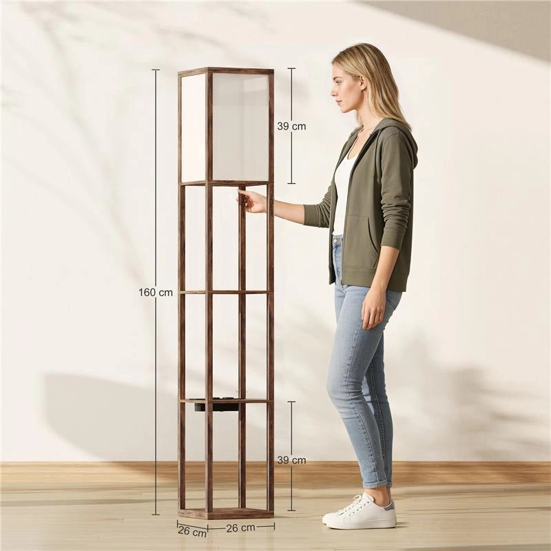LAMPADA DA TERRA CON RIPIANI, LUCE REGOLABILE, INTERRUTTORE A PEDALE E PORTE USB, MARRONE
