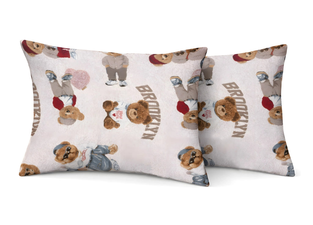 Coppia Federe Cuscino Letto Con Bottoni Laterali 100% Cotone Disegno Teddy GI - Federe - Beige