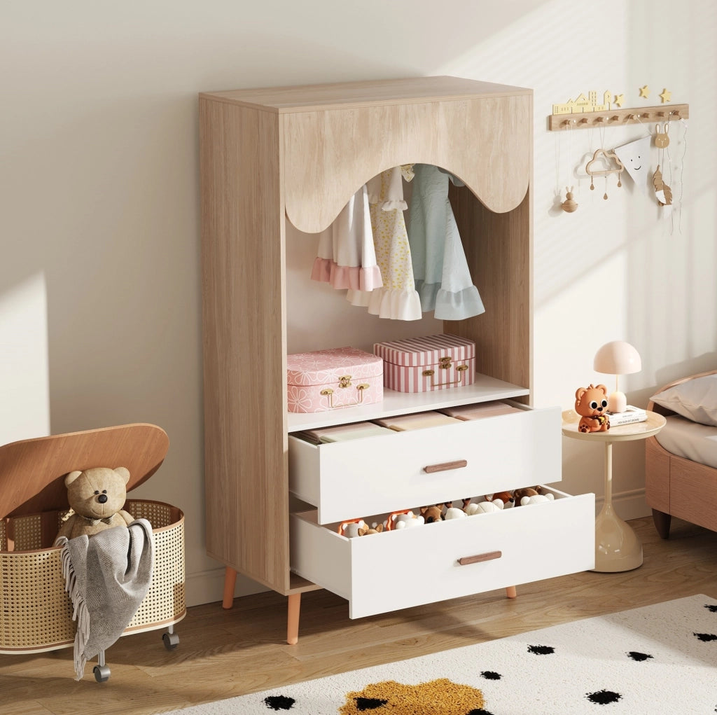 Armadio aperto per bambini con cassetti, bianco e legno