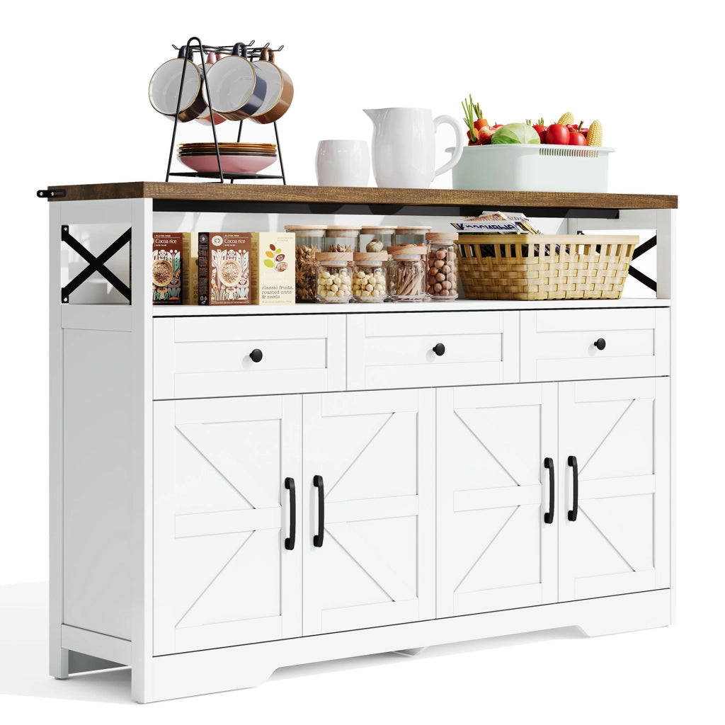 Buffet Anrichte 140 cm con 3 cassetti, 2 armadi e vani aperti, design rustico moderno in MDF, bianco e marrone